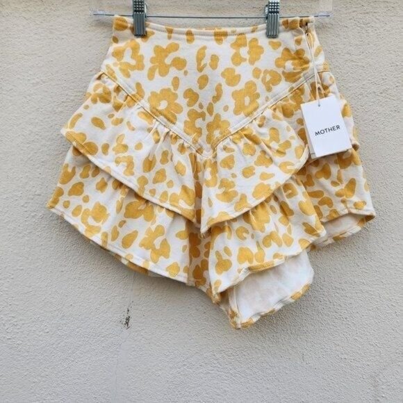 MOTHER NWT Women's Yellow/White Floral Leopard THE RUFFLE Denim Mini Skirt - Picture 4 of 9